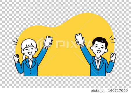 Vector illustration of a job-hunting man and woman raising their smartphones and making triumphant gestures. Vector illustration of a job-hunting man and woman raising their smartphones and making triumphant gestures. 140717099