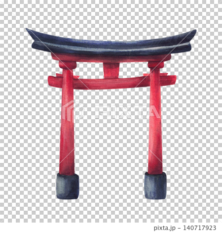 Traditional Japanese Torii gate, symbolizing the entrance to a sacred space in shinto shrines. Red pillars and black curved roof. Hand painted watercolor illustration isolated on white background. Traditional Japanese Torii gate, symbolizing the entrance to a sacred space in shinto shrines. Red pillars and black curved roof. Hand painted watercolor illustration isolated on white background. 140717923
