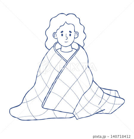 Sensory Weighted Blanket Therapy Autism Girl. ASD Anxiety Relief Calming Deep Pressure. Children Special Education Wrapped Child. Vector Illustration. Isolated Blue Line Art Hand Drawn on White 140718412