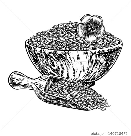 Flaxseed in a wooden bowl and scoop, flax flower. Black and white, graphic, vector, hand-drawn illustration. Element of label and packaging design, as well as banners, posters, and more Flaxseed in a wooden bowl and scoop, flax flower. Black and white, graphic, vector, hand-drawn illustration. Element of label and packaging design, as well as banners, posters, and more 140718473