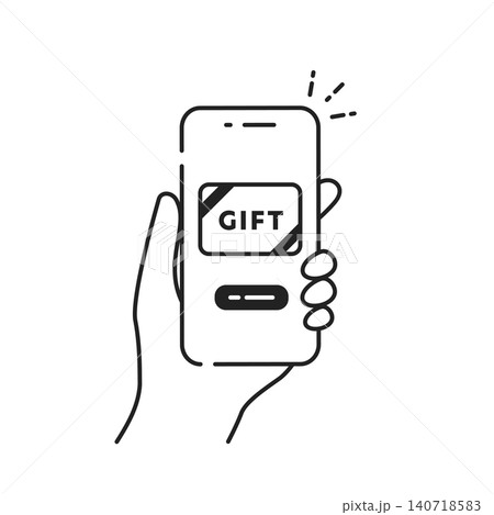 手に持ったスマホに表示されたデジタルギフトカードのベクターアイコン (線画･モノクロ) 140718583