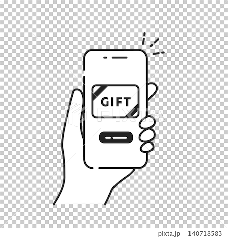 手に持ったスマホに表示されたデジタルギフトカードのベクターアイコン (線画･モノクロ) 140718583