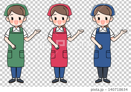一組插圖，描繪了一位身穿圍裙的女店員正在指示。 140718634