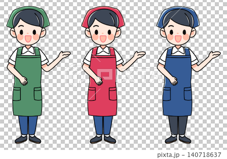 A set of illustrations of a man in an apron giving directions. 140718637
