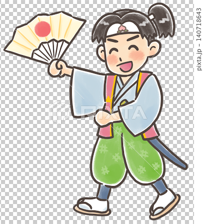 桃太郎面帶微笑，手裡拿著一把扇子。 140718643
