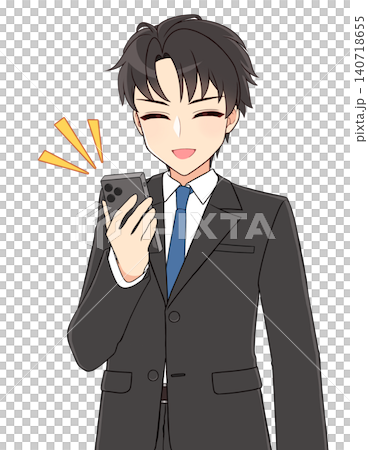 A handsome young man in a suit smiles while looking at his smartphone. A handsome young man in a suit smiles while looking at his smartphone. 140718655