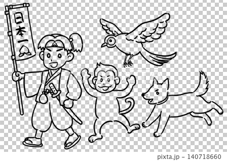 桃太郎和他的狗、猴子、野雞出發去打敗鬼怪（線描圖） 140718660