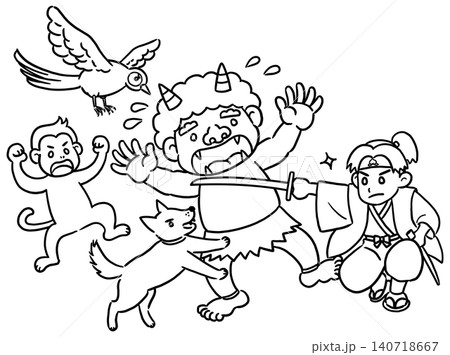 桃太郎と犬猿キジの鬼退治(線画) 桃太郎と犬猿キジの鬼退治(線画) 140718667