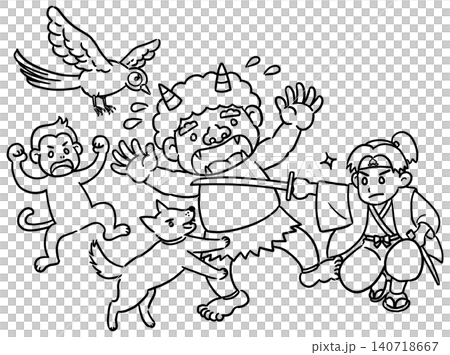 桃太郎と犬猿キジの鬼退治(線画) 桃太郎と犬猿キジの鬼退治(線画) 140718667