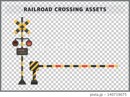 日本の踏切の警報機と遮断機をセットにした鉄道や電車のポップで可愛いベクターイラスト素材集 140719075