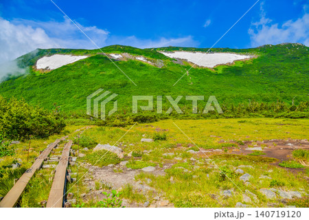 夏の晴天 北アルプス・天狗原の高層湿原をまっすぐ貫く木道と青空の無人風景 夏の晴天 北アルプス・天狗原の高層湿原をまっすぐ貫く木道と青空の無人風景 140719120
