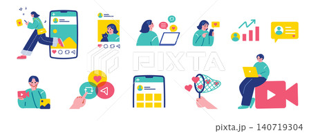 SNSを活用する人々のイラストセット SNSを活用する人々のイラストセット 140719304