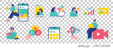 SNSを活用する人々のイラストセット SNSを活用する人々のイラストセット 140719304