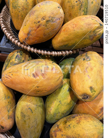 Ripe Papaya Fruit Display in Market Basket Ripe Papaya Fruit Display in Market Basket 140719510