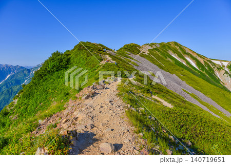 夏の快晴 北アルプス・小蓮華山へと続く快適な登山道を歩く登山客の姿と夏山風景 140719651