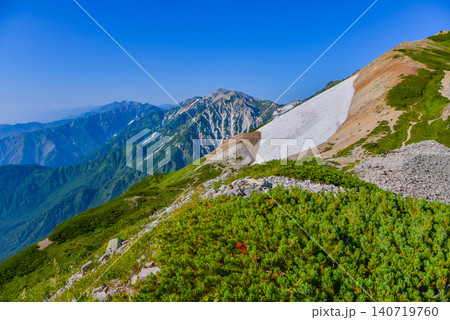 夏の晴天 北アルプス・白馬連峰の尾根越しに望む剱岳山頂と杓子岳・鑓ヶ岳の山肌風景 夏の晴天 北アルプス・白馬連峰の尾根越しに望む剱岳山頂と杓子岳・鑓ヶ岳の山肌風景 140719760