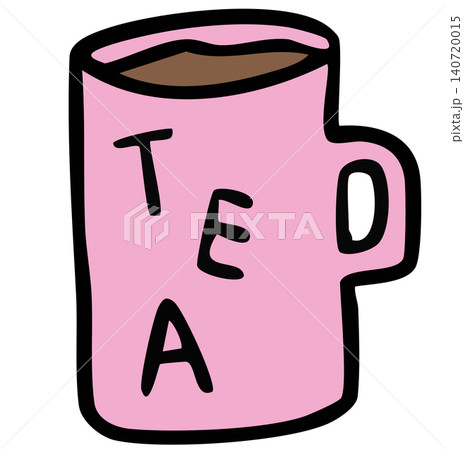 Hand drawn hot tea in pink mug for cafe, restaurant, drink menu, recipe, department store, supermarket, mart, caffeine, beverage, kitchenware, office snack, breakfast, workloads, work from home 140720015