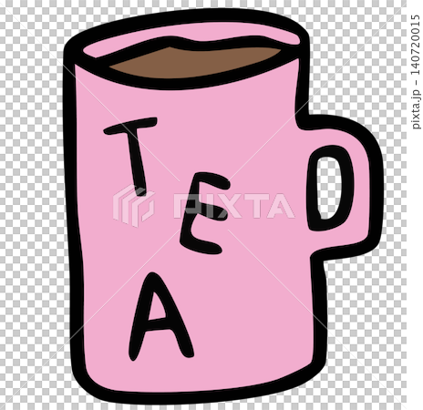 Hand drawn hot tea in pink mug for cafe, restaurant, drink menu, recipe, department store, supermarket, mart, caffeine, beverage, kitchenware, office snack, breakfast, workloads, work from home 140720015