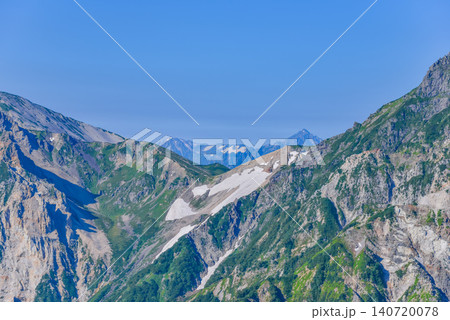 夏の晴天 北アルプス・白馬連峰の尾根越しに望む剱岳から剱御前・別山の山並み風景 140720078