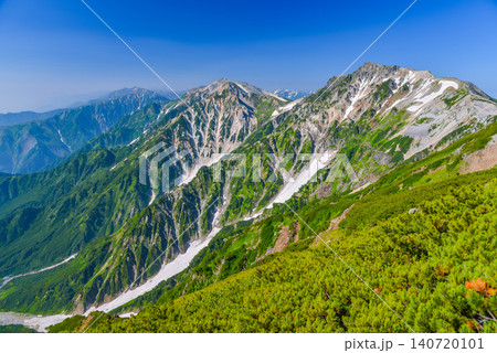夏の快晴 北アルプス・小蓮華山から望む緑のハイマツと残雪の白い帯に美しく連なる白馬連峰風景 夏の快晴 北アルプス・小蓮華山から望む緑のハイマツと残雪の白い帯に美しく連なる白馬連峰風景 140720101