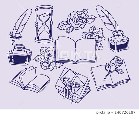 Romantic set with books, letters, feathers, and ink. Sketch illustration in vintage style. Romantic set with books, letters, feathers, and ink. Sketch illustration in vintage style. 140720187