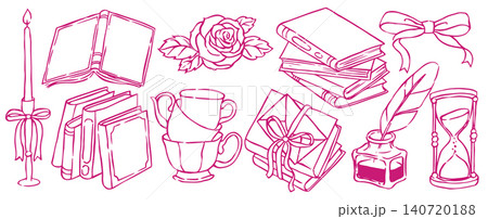 A romantic set of books, themed around the Victorian era, reading, and letters. Sketch illustration in vintage style. A romantic set of books, themed around the Victorian era, reading, and letters. Sketch illustration in vintage style. 140720188