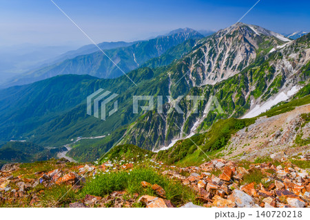 夏の快晴 小蓮華山山頂付近のガレ場から一望する残雪と新緑美しい白馬岳の山並み風景 夏の快晴 小蓮華山山頂付近のガレ場から一望する残雪と新緑美しい白馬岳の山並み風景 140720218