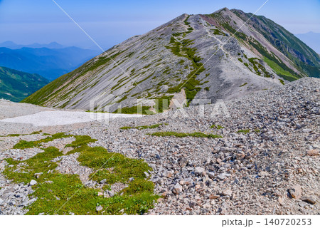 夏の快晴 北アルプス・白馬連峰の三国境へと美しく続く稜線の登山道と夏山風景 夏の快晴 北アルプス・白馬連峰の三国境へと美しく続く稜線の登山道と夏山風景 140720253