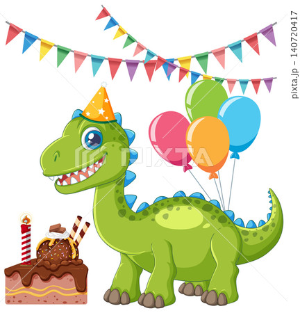 Cartoon Dinosaur Celebrating Birthday with Cake Balloons and Bunting Flags Cartoon Dinosaur Celebrating Birthday with Cake Balloons and Bunting Flags 140720417