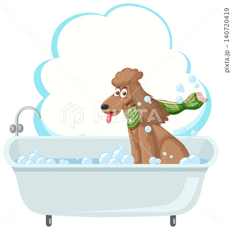 Cartoon Poodle Dog Taking a Bubble Bath in a White Tub 140720419