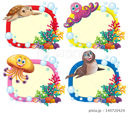 Cartoon Sea Animal Border Frames with Coral Reef and Bubbles 140720429