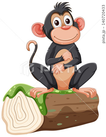 Cute Chimpanzee Character Sitting on a Wooden Log Isolated on White Cute Chimpanzee Character Sitting on a Wooden Log Isolated on White 140720433