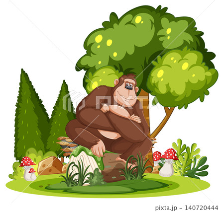 Gorilla Sitting by Forest Pond with Mushrooms 140720444