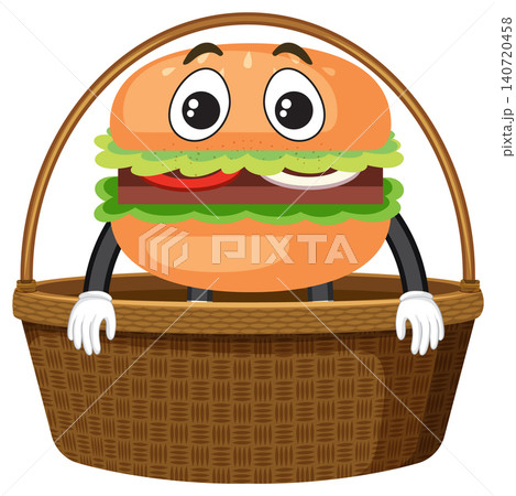 Smiling Cartoon Burger Character in Picnic Basket Smiling Cartoon Burger Character in Picnic Basket 140720458