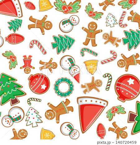 Seamless Pattern of Festive Gingerbread Cookies and Winter Holiday Symbols 140720459