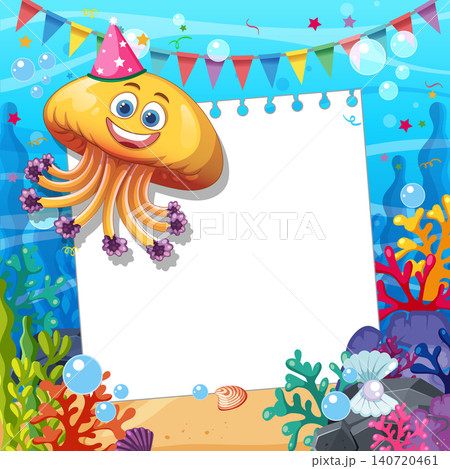 Cartoon Jellyfish Wearing Party Hat Next to Blank White Paper 140720461