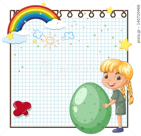 Cartoon Girl Holding Large Green Egg on Grid Paper Background Cartoon Girl Holding Large Green Egg on Grid Paper Background 140720466