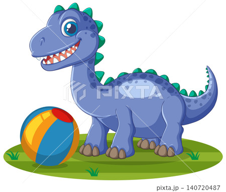 Cute Blue Cartoon Dinosaur Playing With Colorful Beach Ball On Grass 140720487