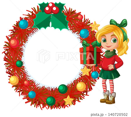 Cartoon Girl Holding Gift Box Next to Red Tinsel Wreath Cartoon Girl Holding Gift Box Next to Red Tinsel Wreath 140720502