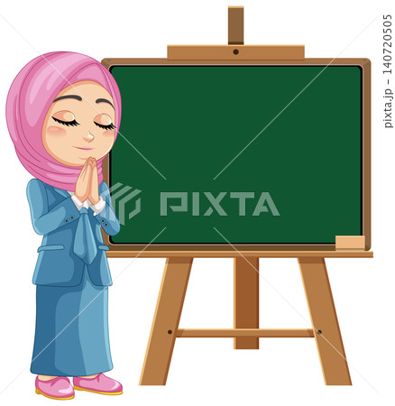 Muslim Female Teacher Praying Beside Blank Green Chalkboard Illustration 140720505
