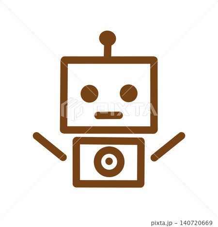 シンプルなロボットのアイコン素材。頭部と胴体、顔、アンテナ、腕、カメラ部分を茶色で描いたイラスト。 シンプルなロボットのアイコン素材。頭部と胴体、顔、アンテナ、腕、カメラ部分を茶色で描いたイラスト。 140720669