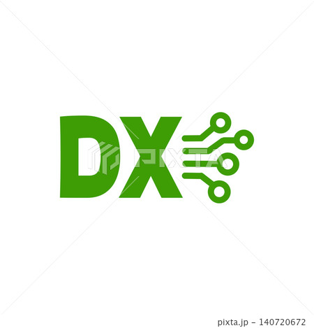 DXのシンボルアイコン、グリーンで描かれたデジタル技術やネットワークを表現するロゴマーク DXのシンボルアイコン、グリーンで描かれたデジタル技術やネットワークを表現するロゴマーク 140720672