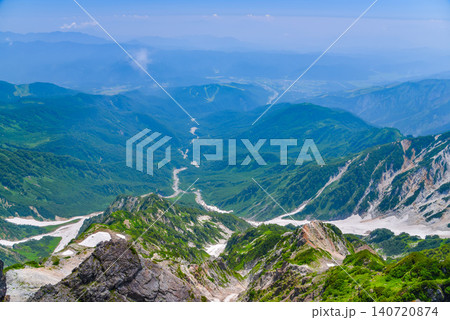 夏の快晴 白馬岳山頂から眼下に一望する白馬大雪渓の雄大な残雪風景 夏の快晴 白馬岳山頂から眼下に一望する白馬大雪渓の雄大な残雪風景 140720874