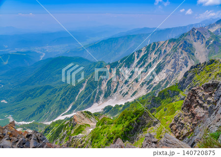 夏の快晴 白馬岳山頂から眼下に一望する白馬大雪渓の雄大な残雪風景 140720875