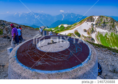 夏の快晴 白馬岳山頂の風景指示板と背景に望む登山客の賑わいと遠方の剱岳風景 140720888