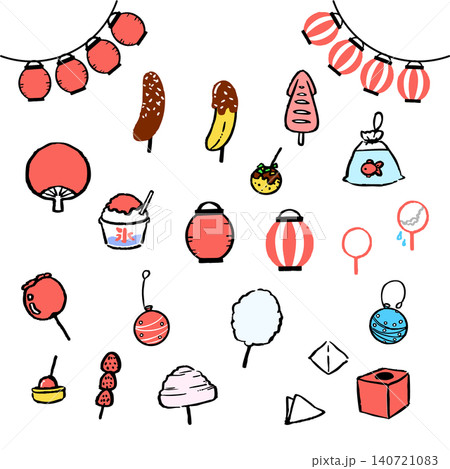 夏祭りのアイコンと屋台フードのかわいいイラスト素材セット 夏祭りのアイコンと屋台フードのかわいいイラスト素材セット 140721083