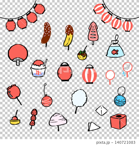 夏祭りのアイコンと屋台フードのかわいいイラスト素材セット 夏祭りのアイコンと屋台フードのかわいいイラスト素材セット 140721083