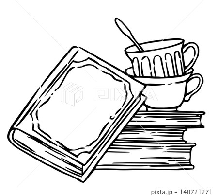 Books and a cup of tea. Cozy reading. Sketch illustration in vintage style. Books and a cup of tea. Cozy reading. Sketch illustration in vintage style. 140721271