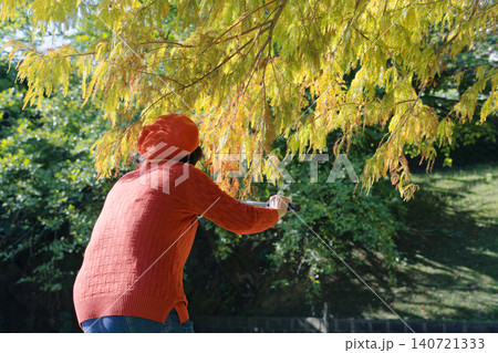 Asian Woman in Red Beret Photographs Sunlit Trees with Selfie Stick Asian Woman in Red Beret Photographs Sunlit Trees with Selfie Stick 140721333