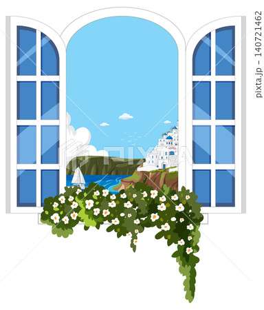 Mediterranean Coastal View Through Open Window with White Flowers 140721462